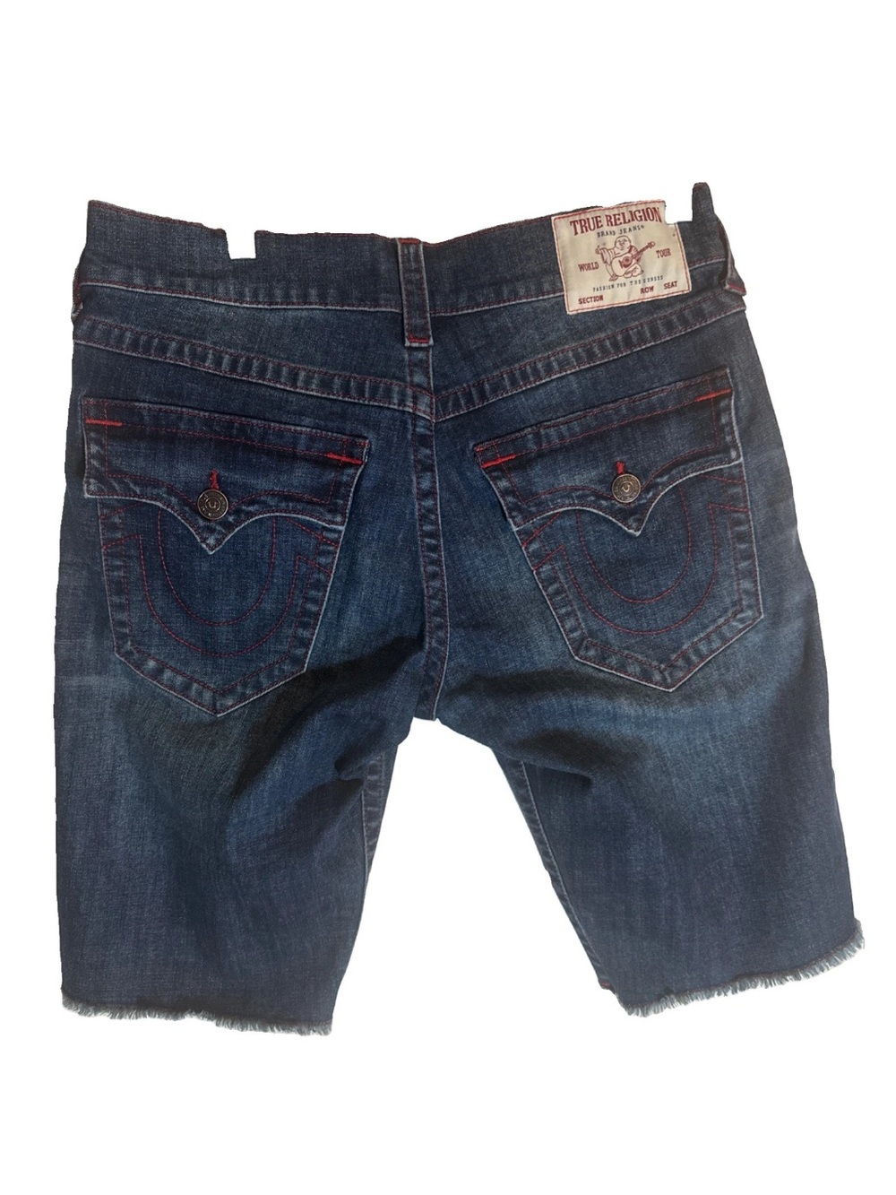 True Religion Men’s Indigo Denim Cutoff Shorts with Red Stitching